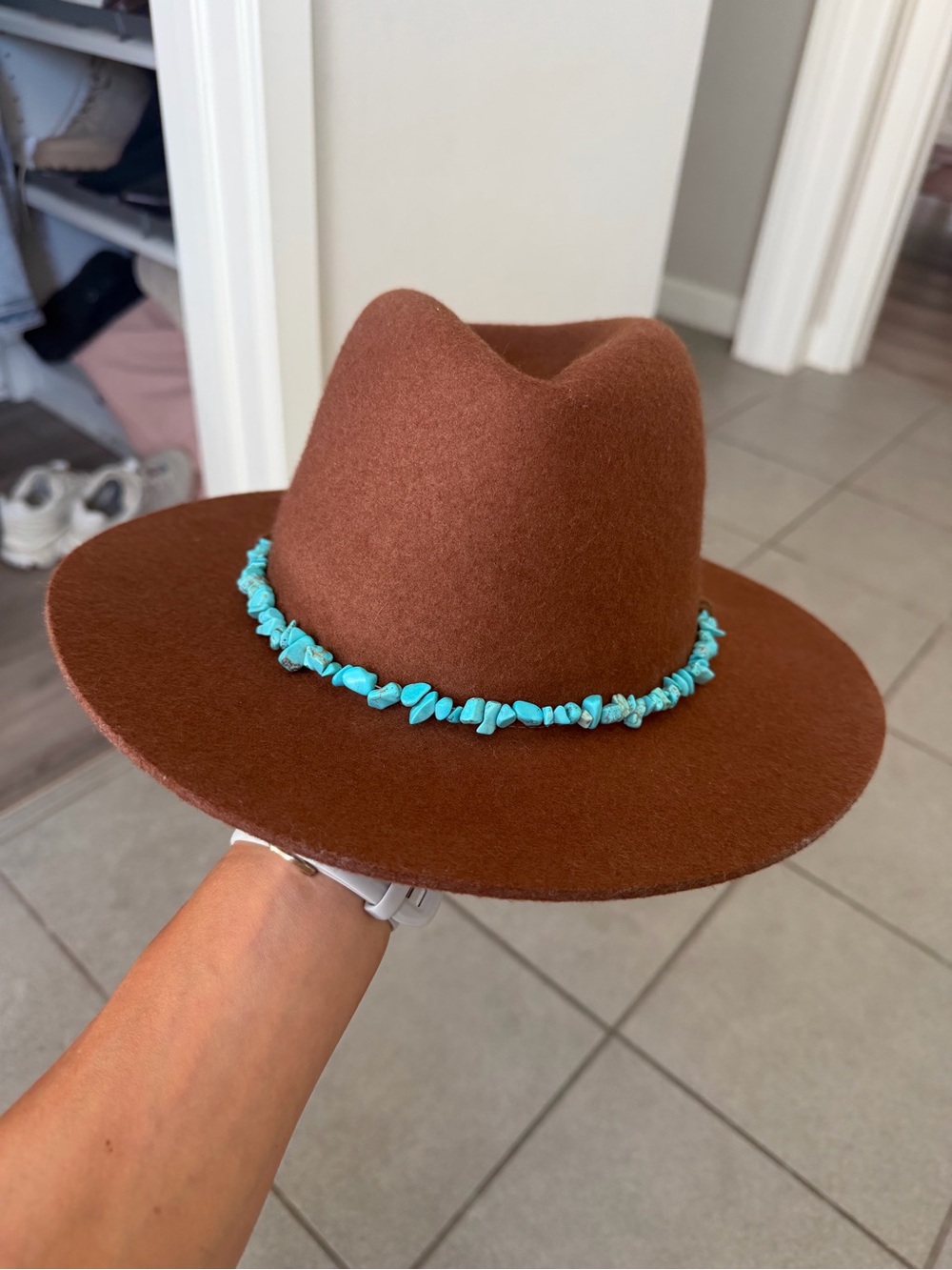 Frye Chestnut Wool Felt Fedora with Turquoise Bead Trim